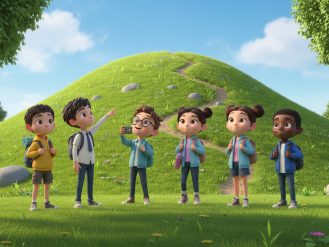 Students looking at a hill to climb.