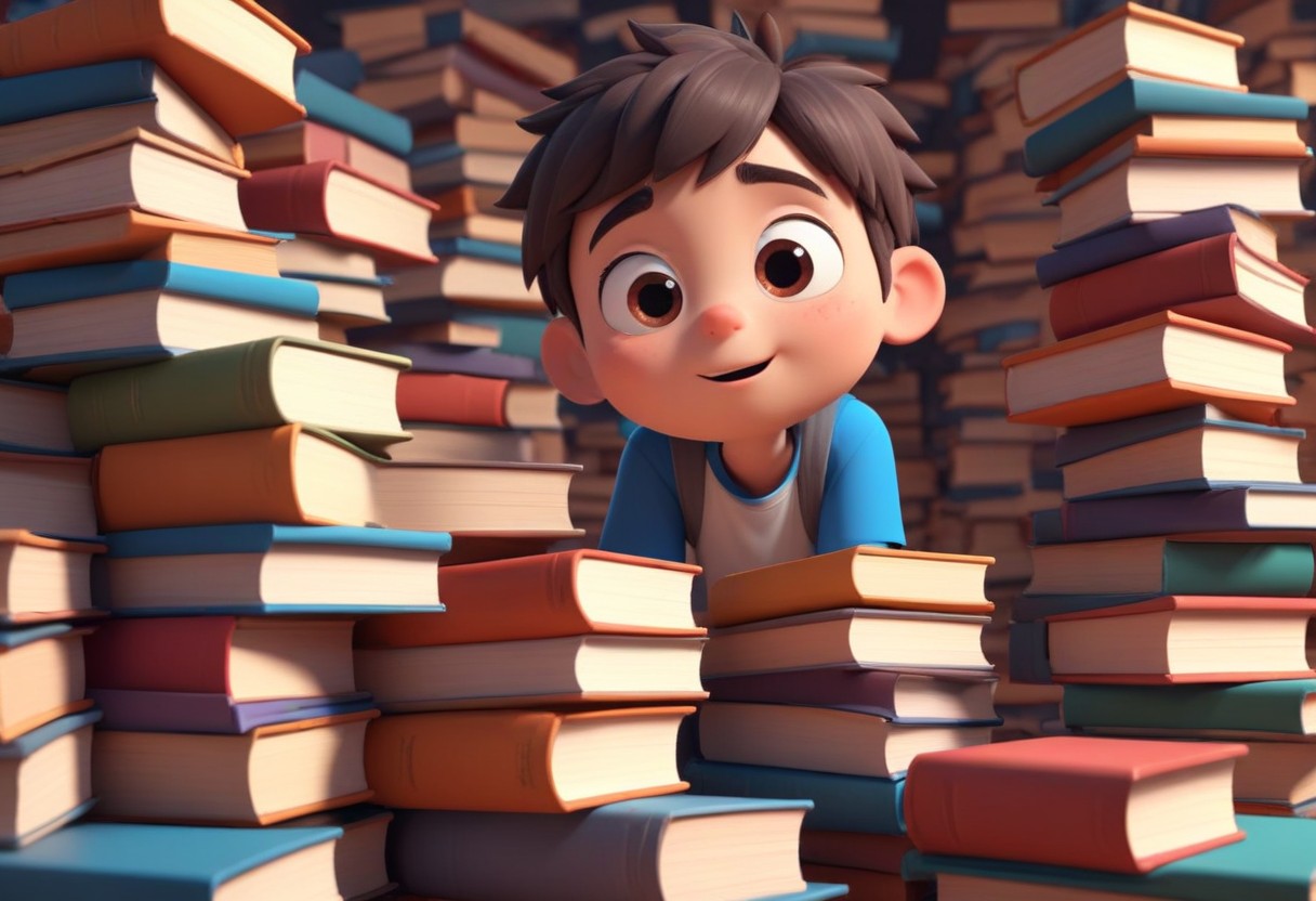 Student surrounded by books