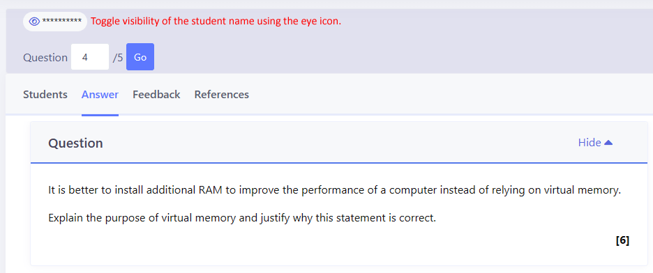 Use the 'eye' icon to toggle student names in task marking.
