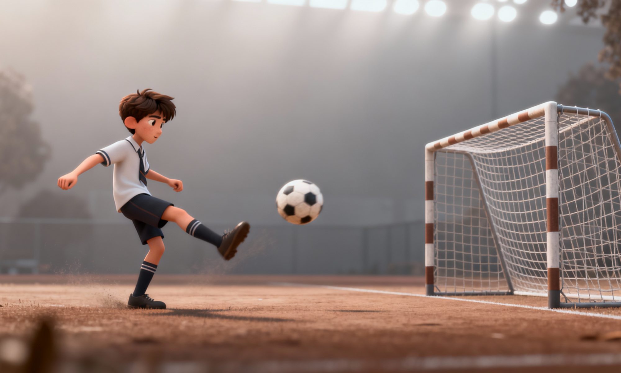 Boy kicking a ball into a goal