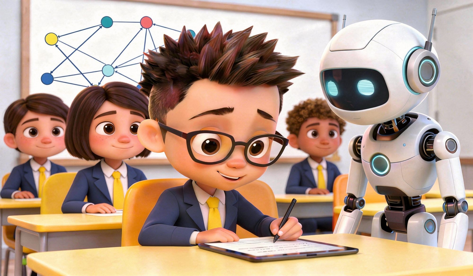 Student looking at a tablet computer with an AI robot checking their work.