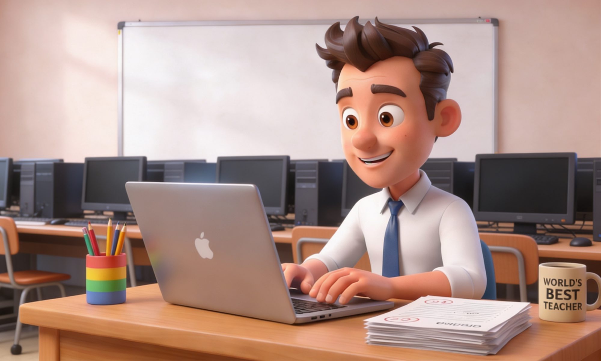 Teacher looking at a laptop.