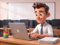 Teacher looking at a laptop.