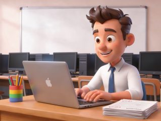 Teacher looking at a laptop.