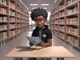Student sat in a library