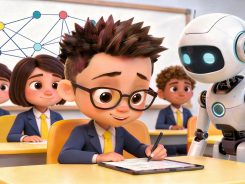 Student looking at a tablet computer with an AI robot checking their work.