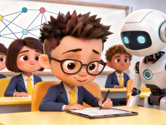 Student looking at a tablet computer with an AI robot checking their work.