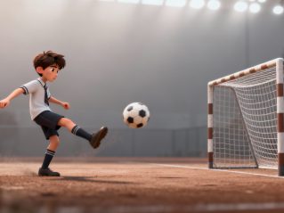 Boy kicking a ball into a goal