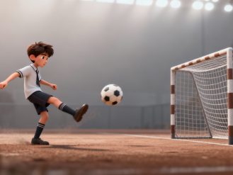 Boy kicking a ball into a goal
