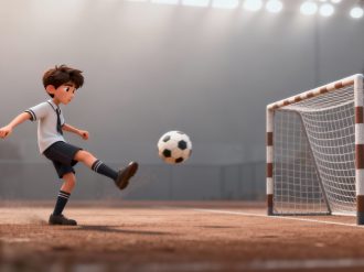 Boy kicking a ball into a goal