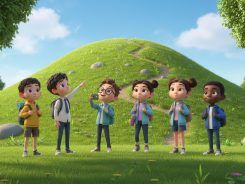 Students looking at a hill to climb.