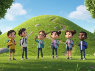 Students looking at a hill to climb.