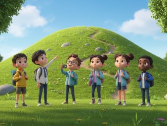 Students looking at a hill to climb.